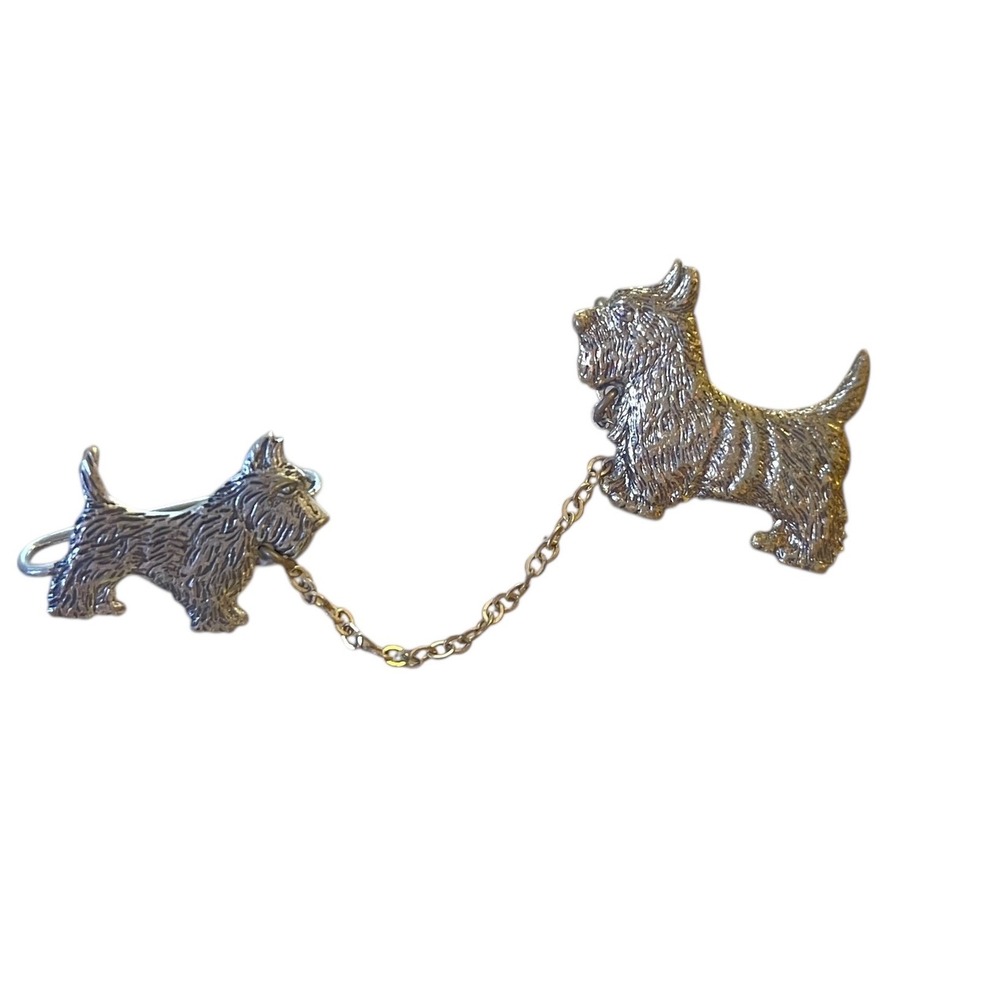 Vintage Scottish Duo Terrier Dog Brooch Charm  Leash Chain Silver &Gold Tone - Picture 2 of 6